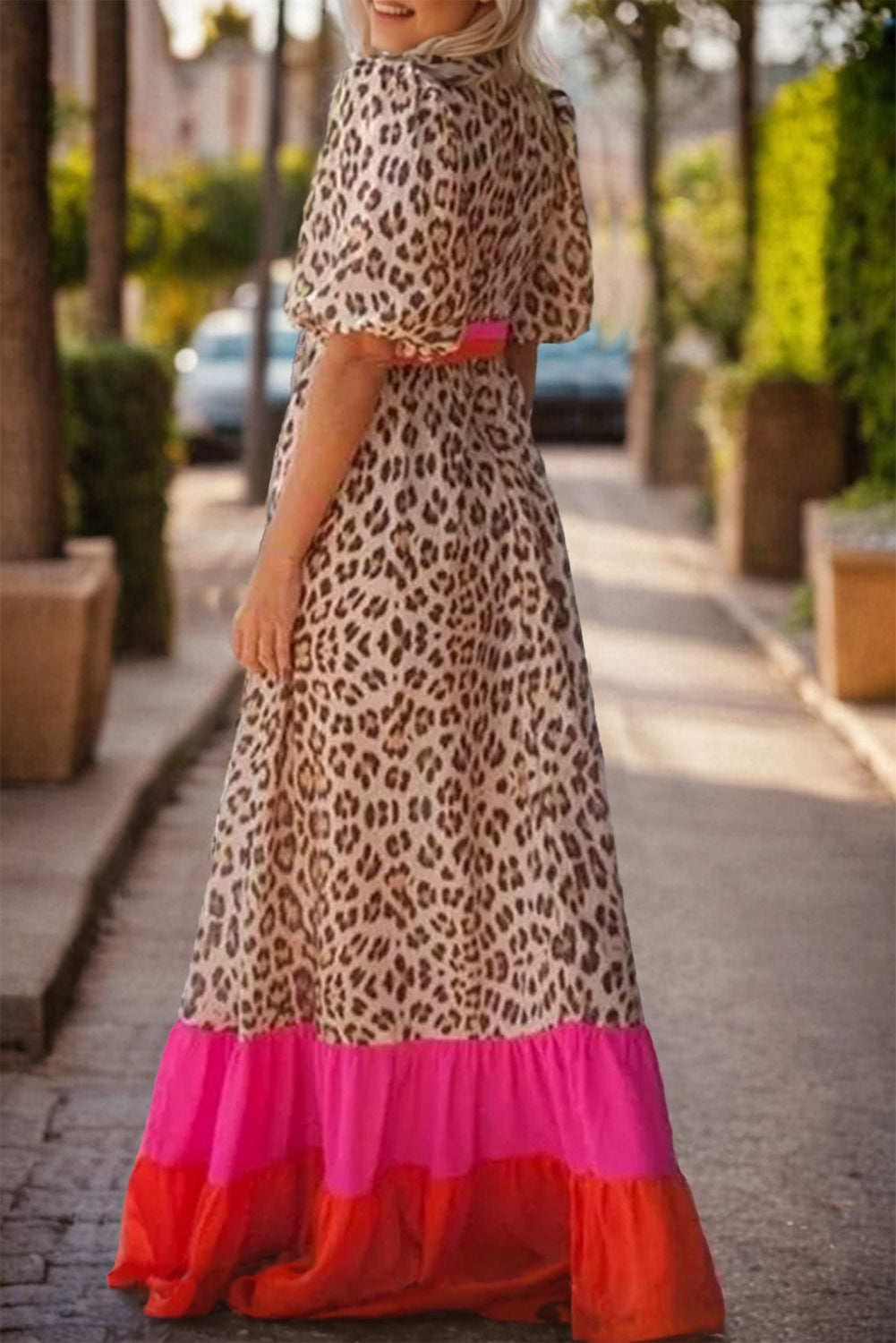 Full Size Leopard V-Neck Half Sleeve Maxi Dress Orchid Unique 