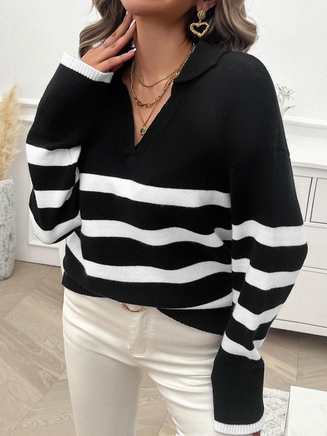 Striped Collared Neck Long Sleeve Sweater Orchid Unique 