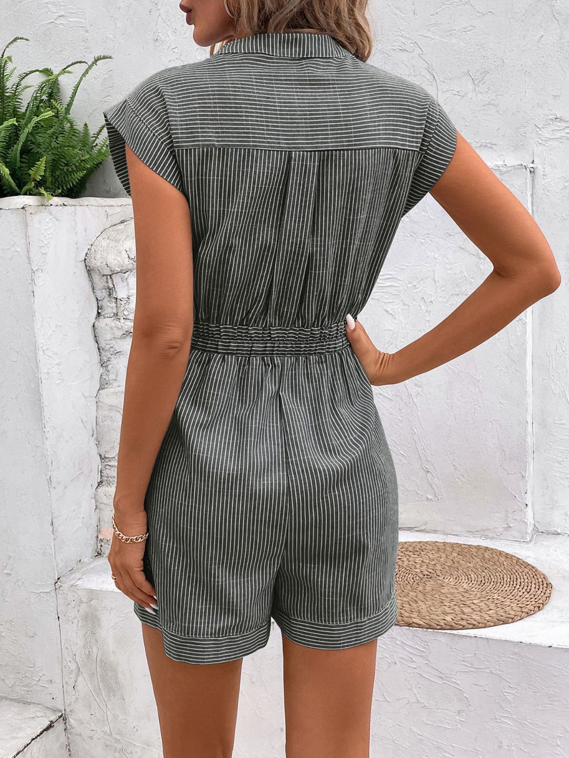 Casual Striped Romper with Notched Tie Wais Orchid Unique 