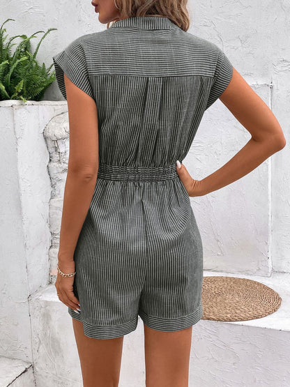 Casual Striped Romper with Notched Tie Wais