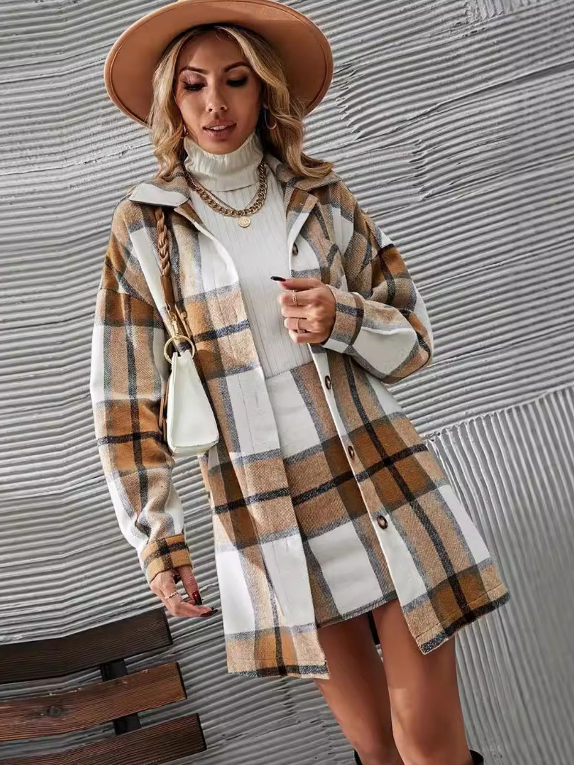 Plaid Button Up Long Sleeve Coat and Skirt Set Orchid Unique 