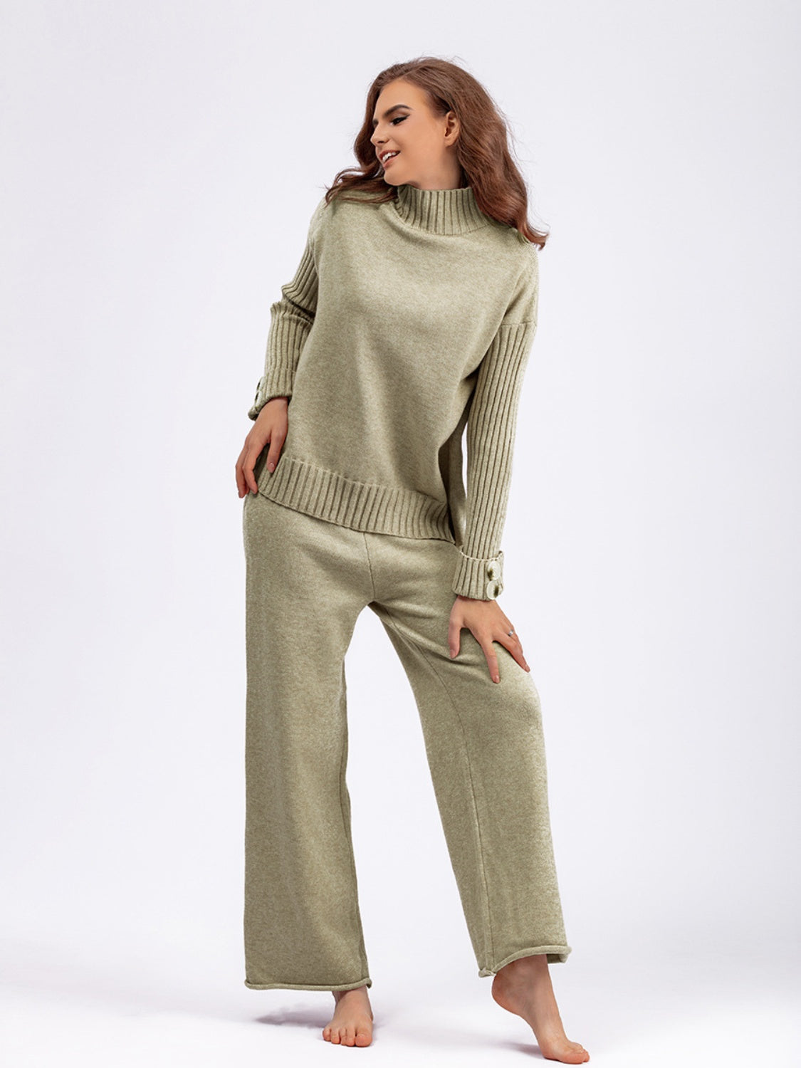 Basic Bae High- Low Turtleneck Long Sleeve Top and Pants Sweater Set Orchid Unique 