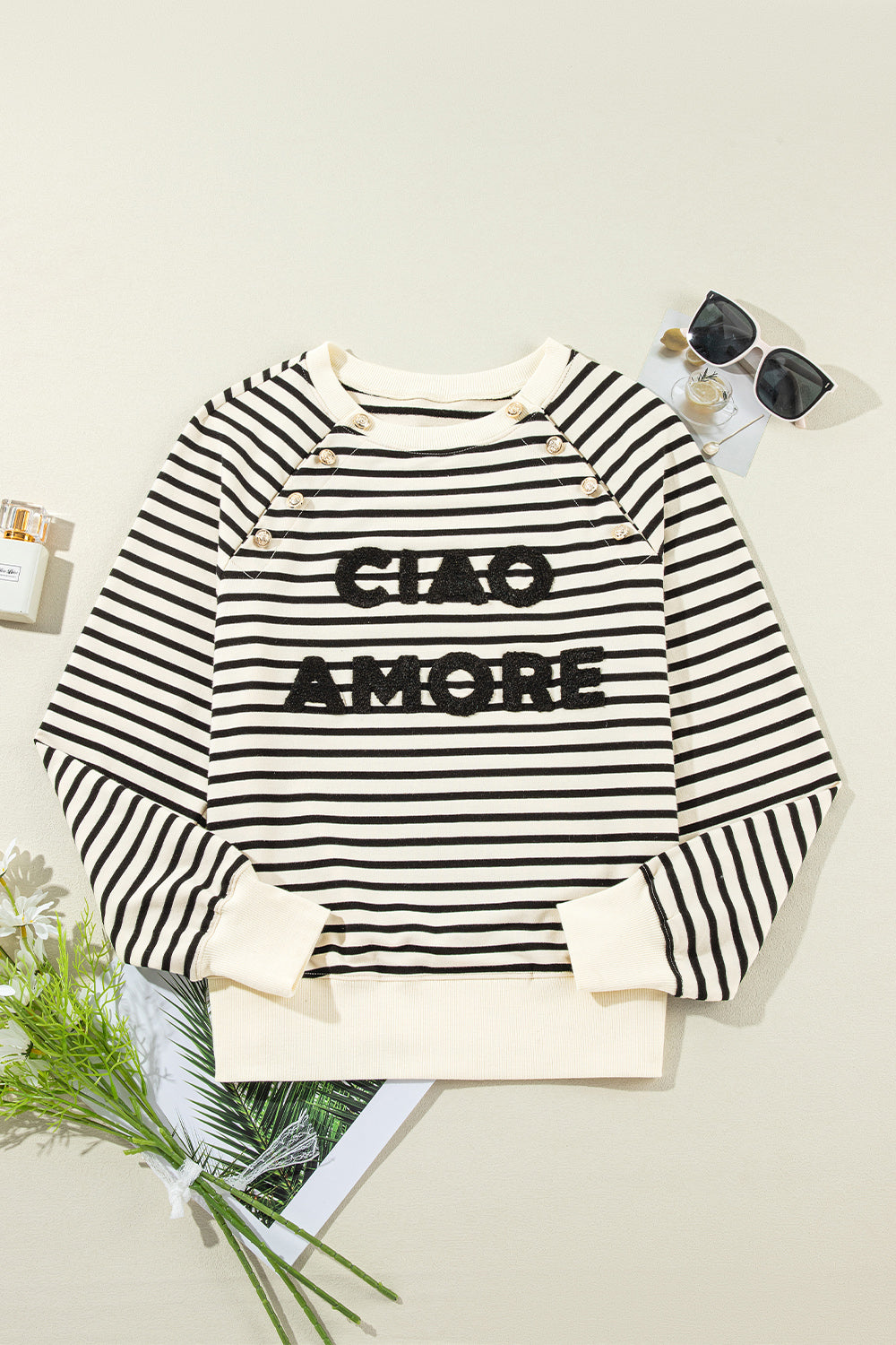 Decorative Button Striped Long Sleeve Sweatshirt Orchid Unique 