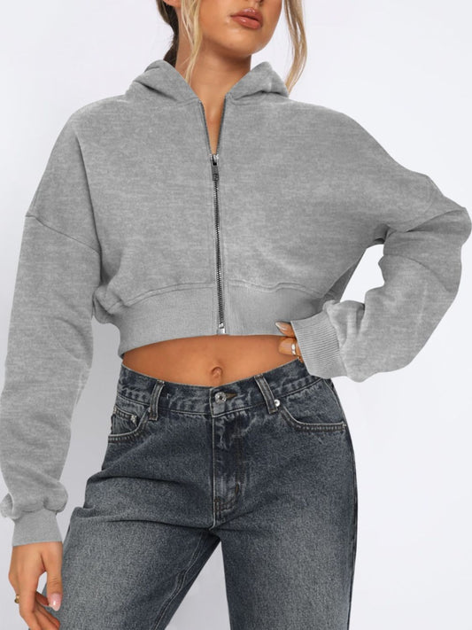 Zip Up Long Sleeve Hooded Cropped Jacket Orchid Unique 