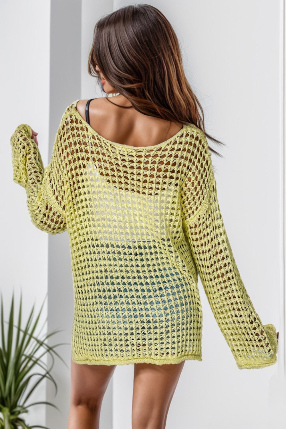 Openwork Round Neck Dropped Shoulder Knit Top Orchid Unique 