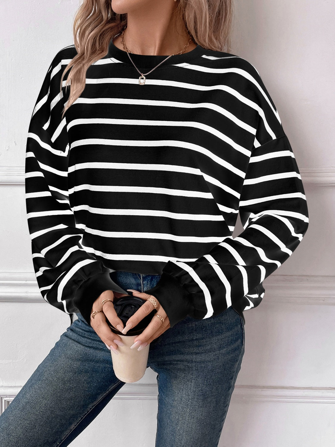 Striped Round Neck Long Sleeve Sweatshirt Orchid Unique 