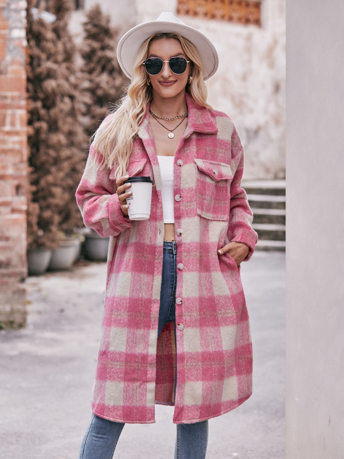 Mandy Plaid Dropped Shoulder Slit Coat Orchid Unique 