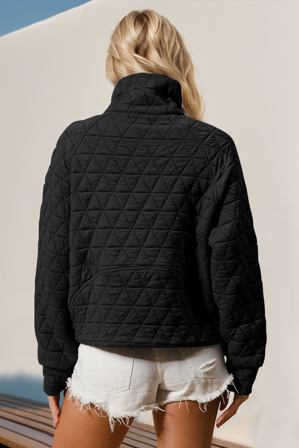 Double Take Half Zip Long Sleeve Quilted Sweatshirt with Pocket Orchid Unique 