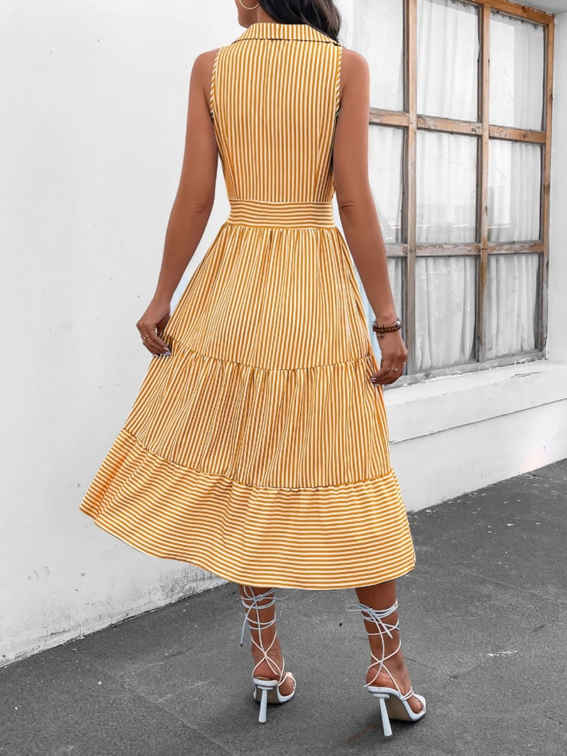 Striped Johnny Collar Sleeveless Midi Dress Orchid Unique 