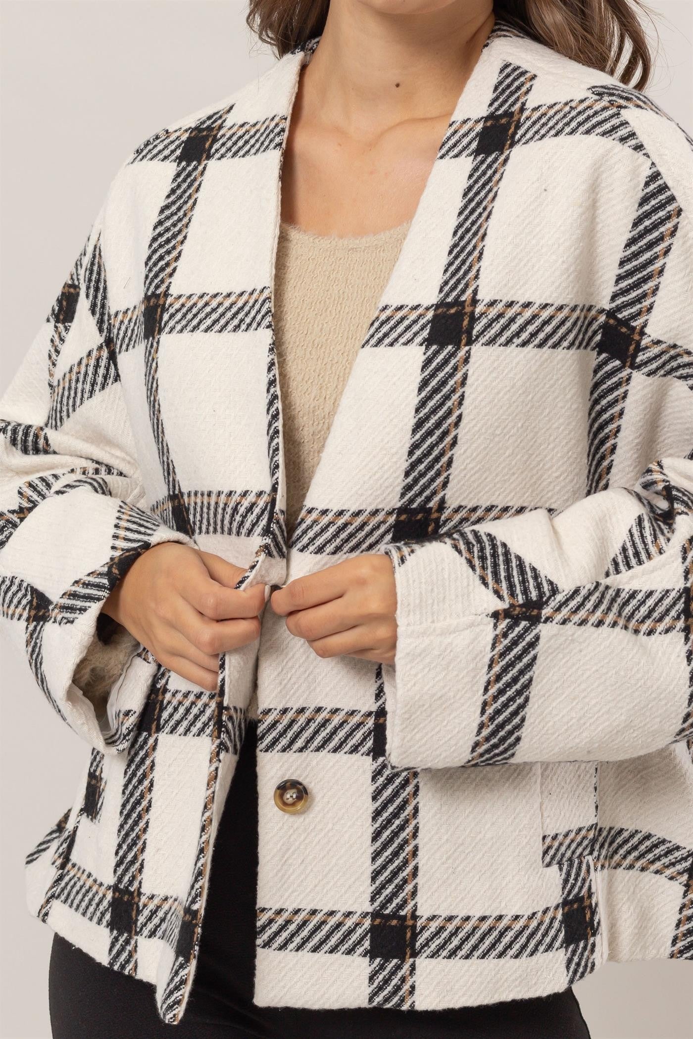 HYFVE Plaid Long Sleeve Jacket with Side Slit Pockets Orchid Unique 