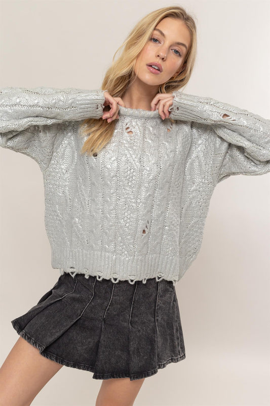 HYFVE Distressed Cable-Knit Round Neck Long Sleeve Sweater Orchid Unique 