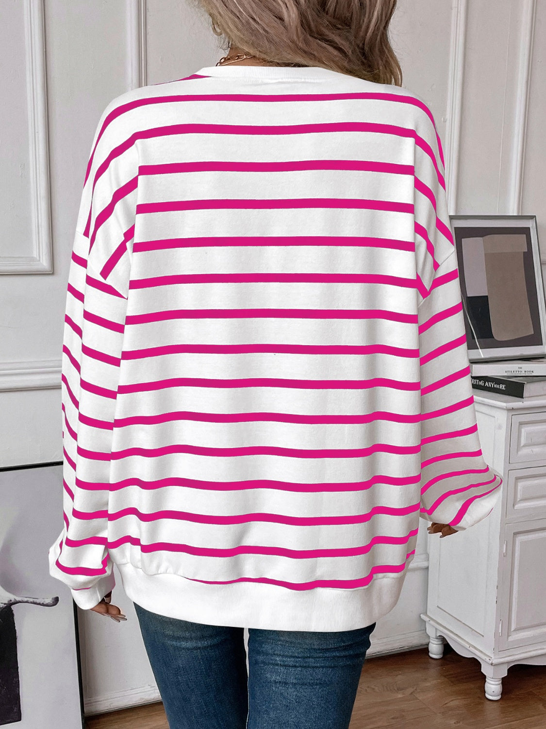 Striped Round Neck Long Sleeve Sweatshirt Orchid Unique 