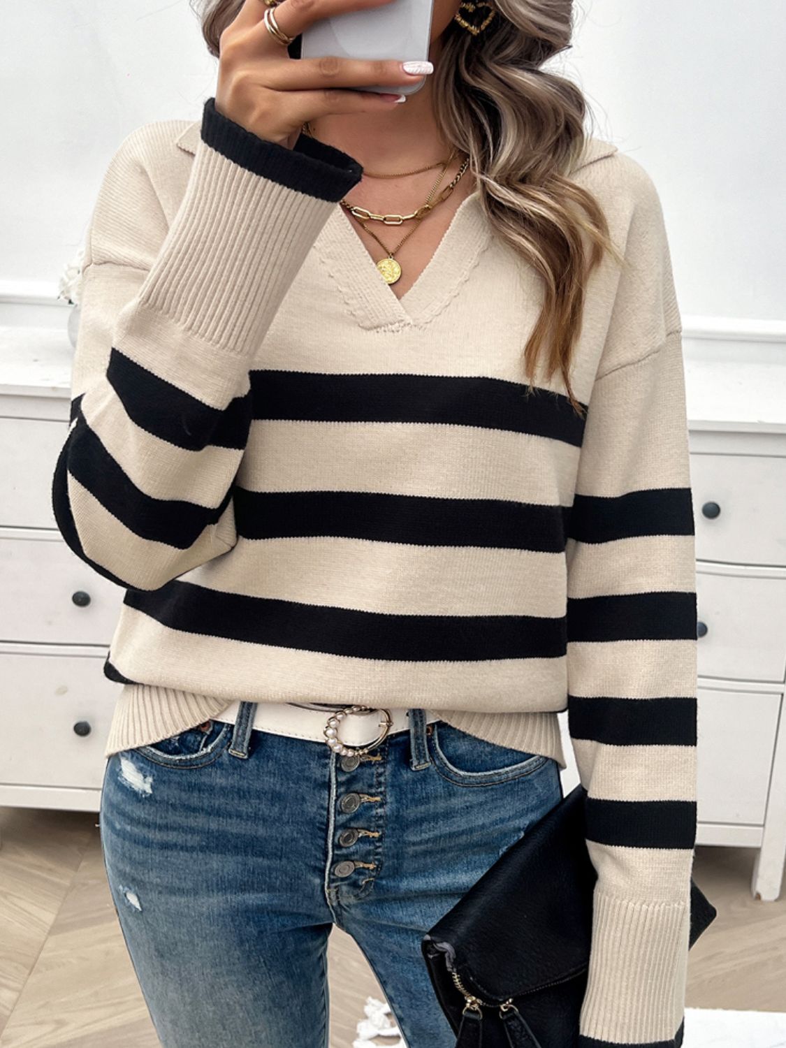 Striped Collared Neck Long Sleeve Sweater Orchid Unique 