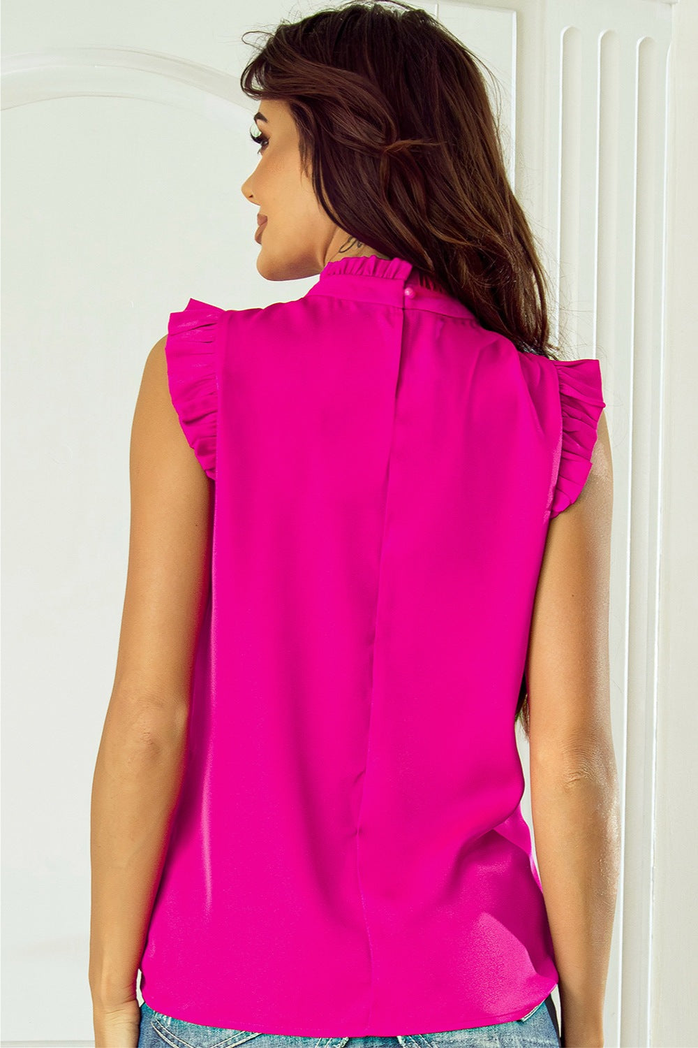 Ruffled Mock Neck Cap Sleeve Blouse Orchid Unique 