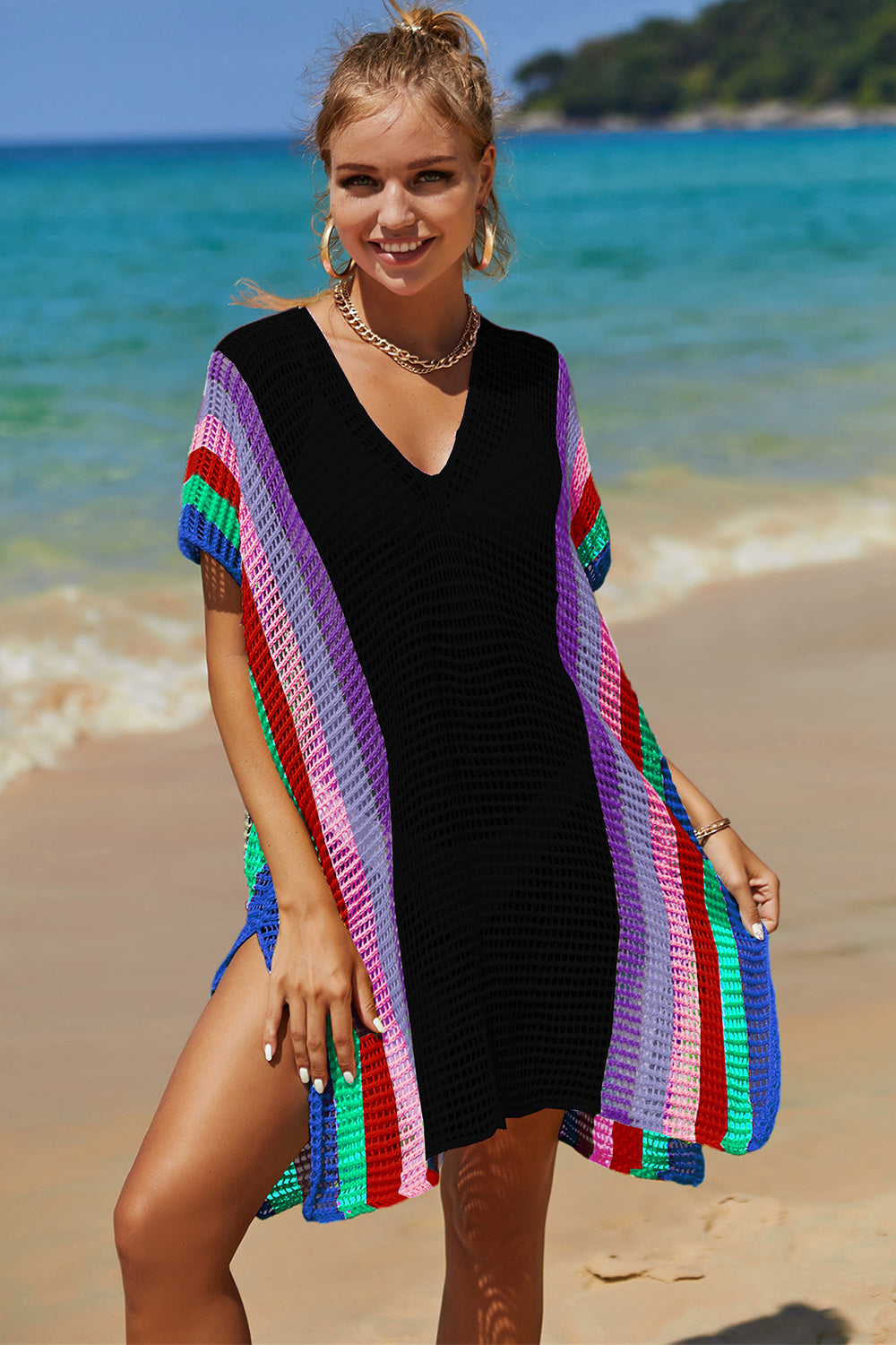 Openwork Striped Slit Knit Cover Up Orchid Unique 