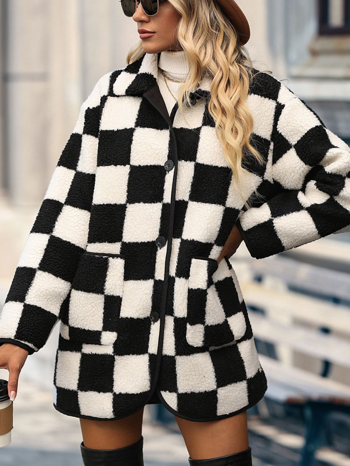 Double Take Full Size Checkered Button Front Coat with Pockets Orchid Unique 