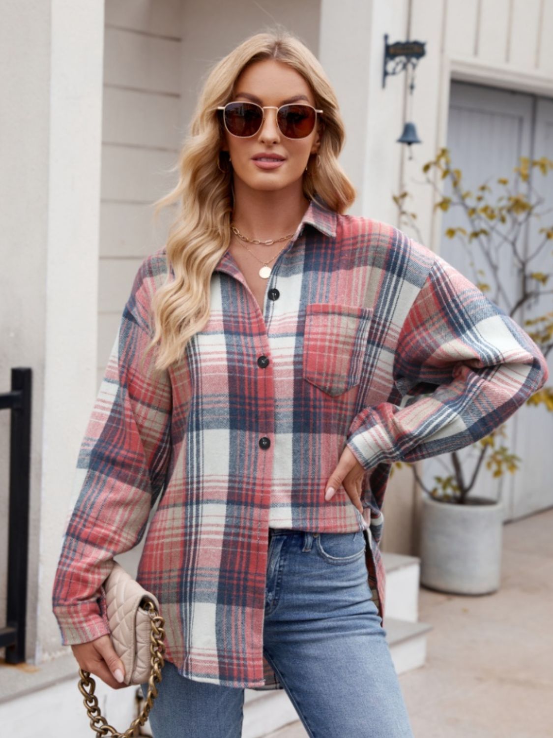 Pocketed Plaid Collared Neck Long Sleeve Shirt Orchid Unique 