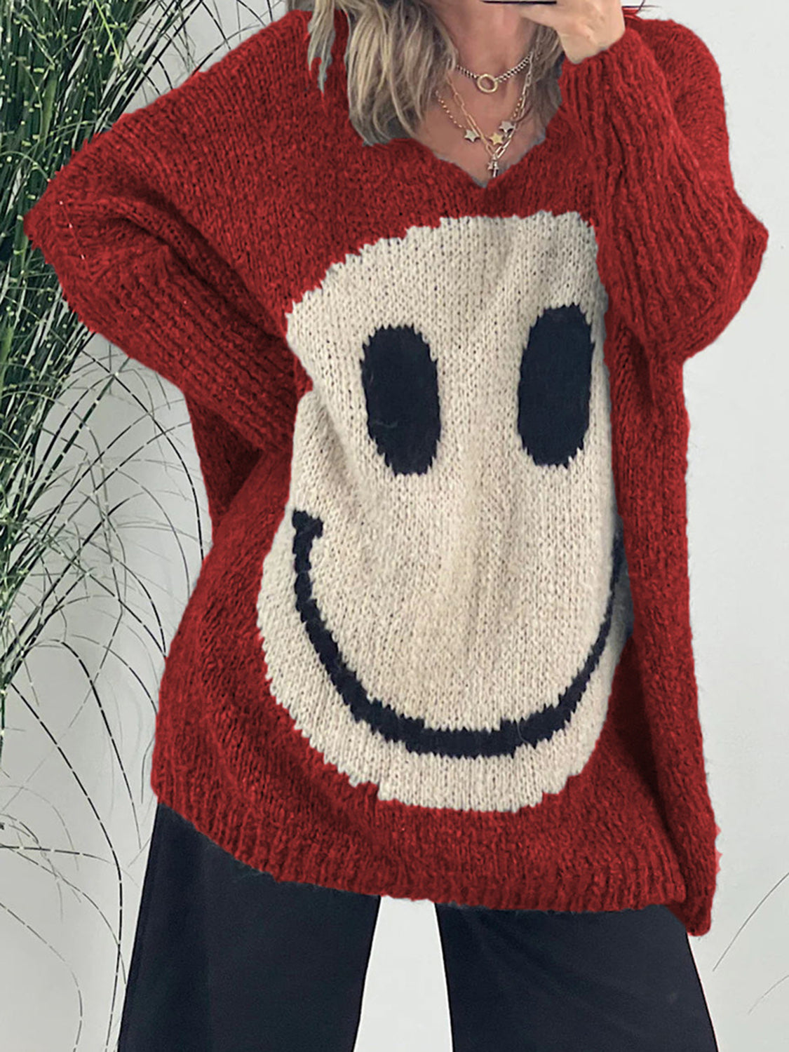 Smiling Face V-Neck Long Sleeve Sweater Orchid Unique 