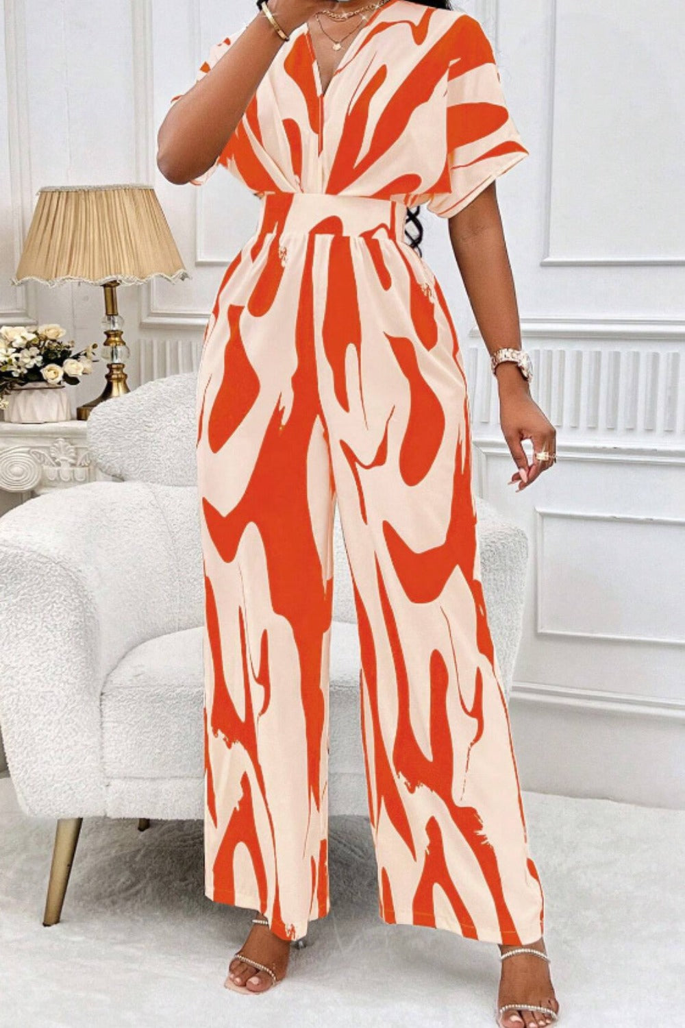 Printed V-Neck Short Sleeve Wide Leg Jumpsuit Orchid Unique 