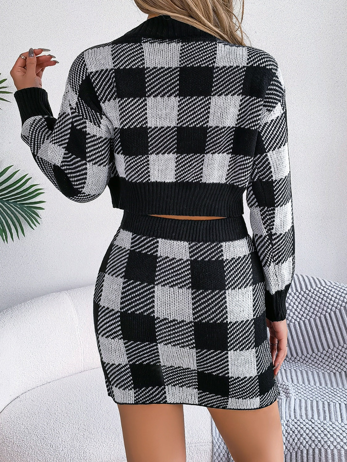 Plaid Round Neck Top and Skirt Sweater Set Orchid Unique 