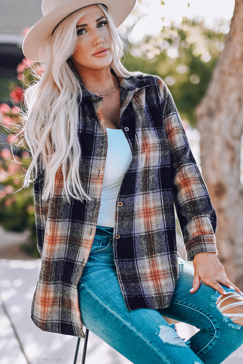 Double Take Plaid Side Slit Curved Hem Shirt Orchid Unique 