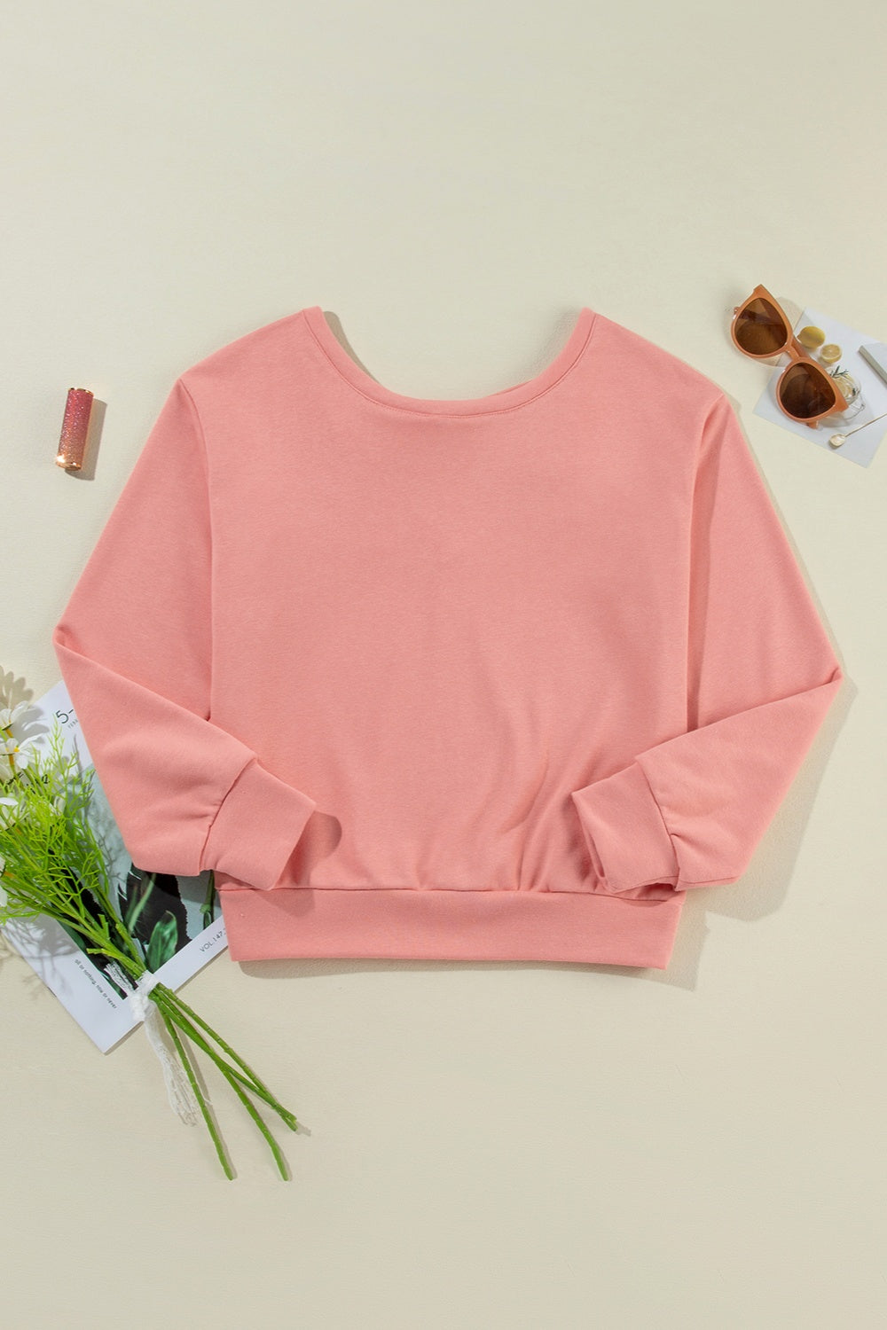 Bow Round Neck Long Sleeve Sweatshirt Orchid Unique 