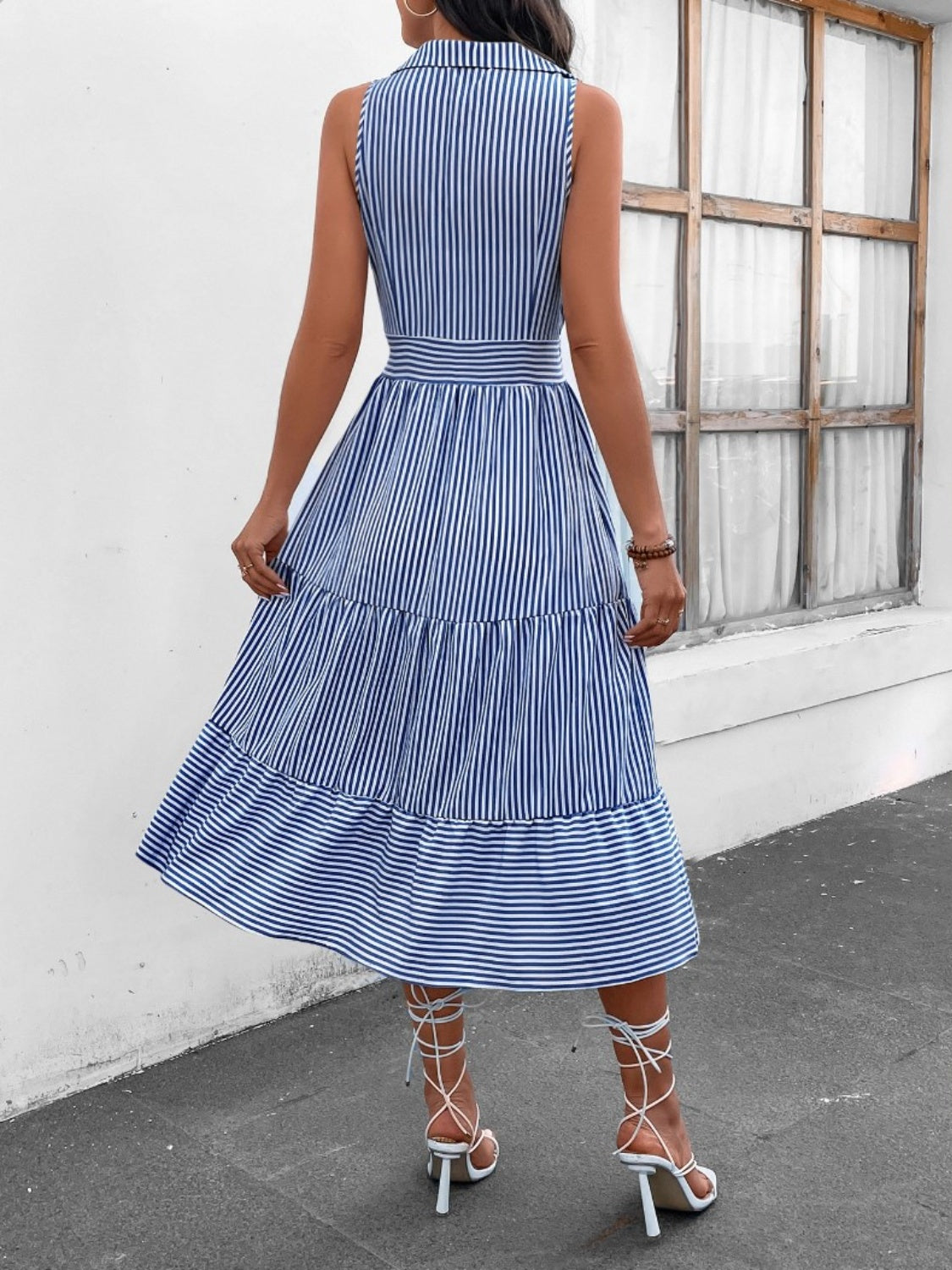 Striped Johnny Collar Sleeveless Midi Dress Orchid Unique 