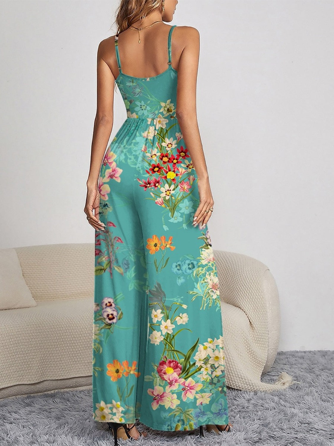 Decorative Button Spaghetti Strap Wide Leg Jumpsuit Orchid Unique 