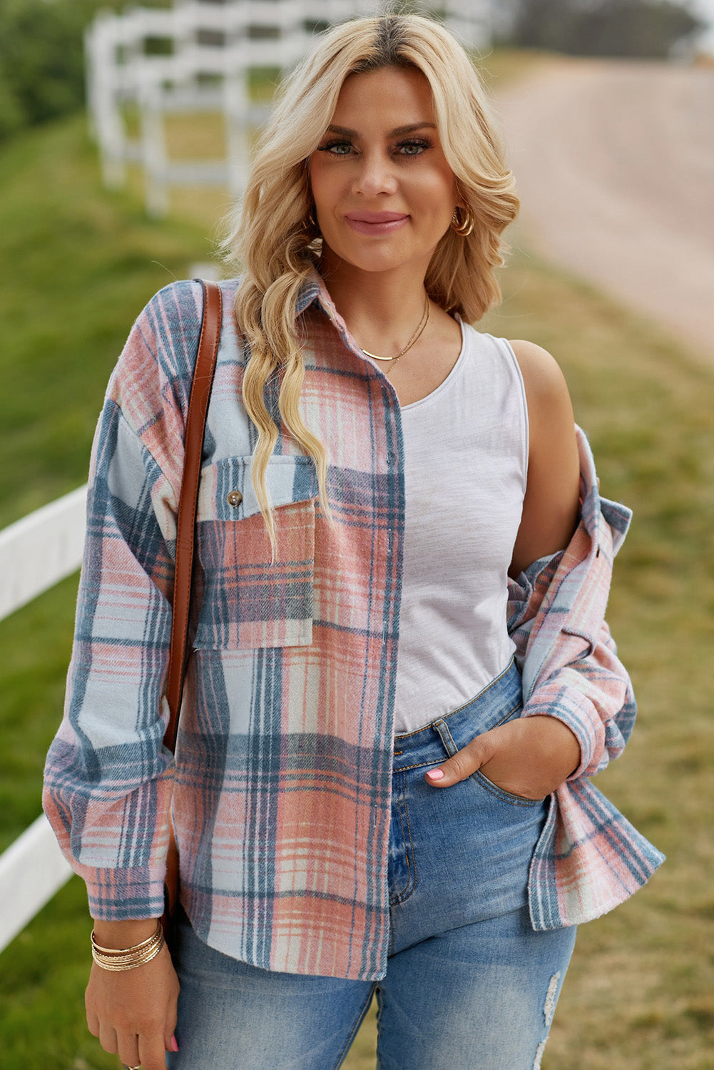 Double Take Plaid Dropped Shoulder Shacket Orchid Unique 