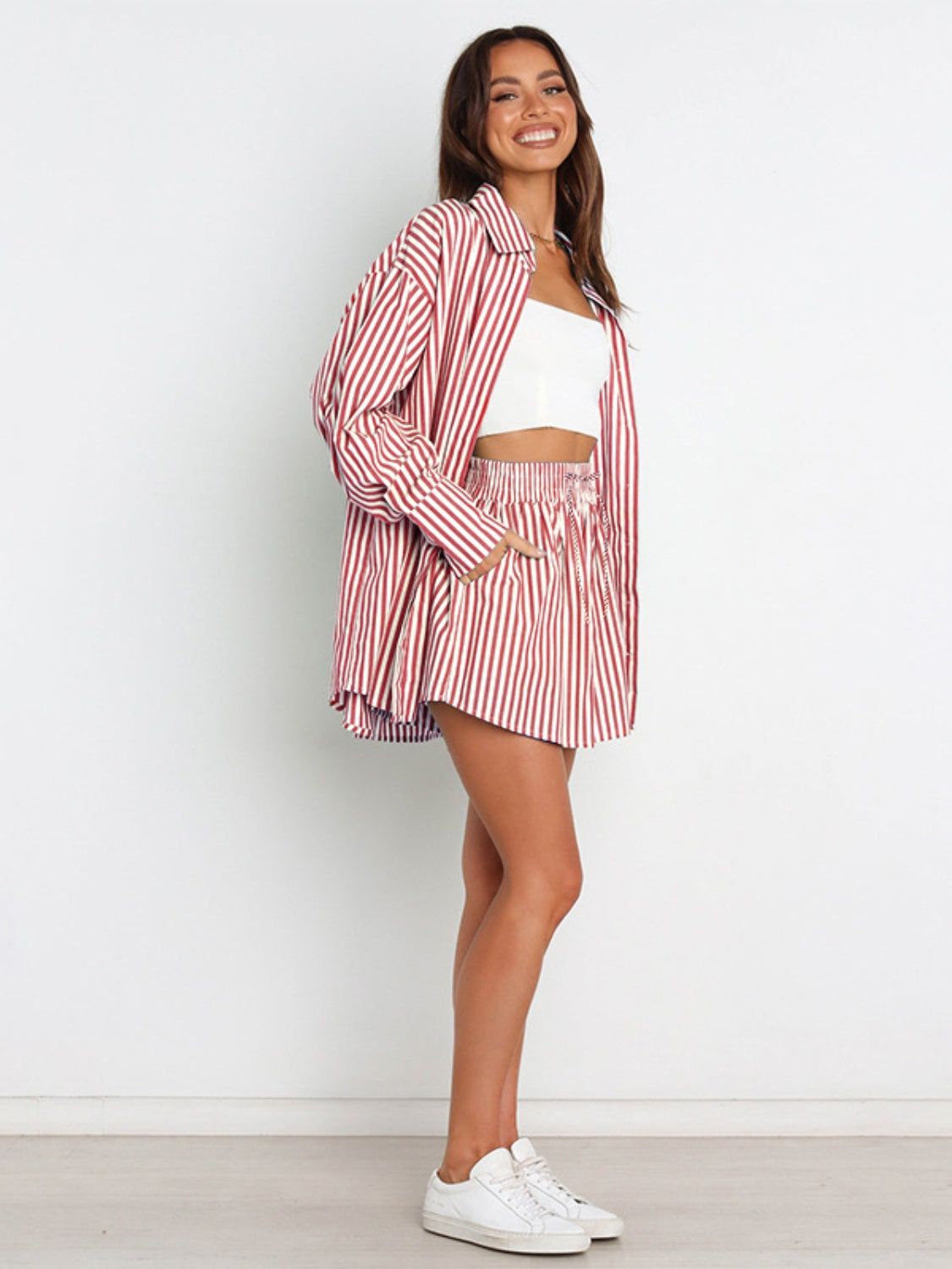 Striped Dropped Shoulder Shirt and Shorts Set Orchid Unique 