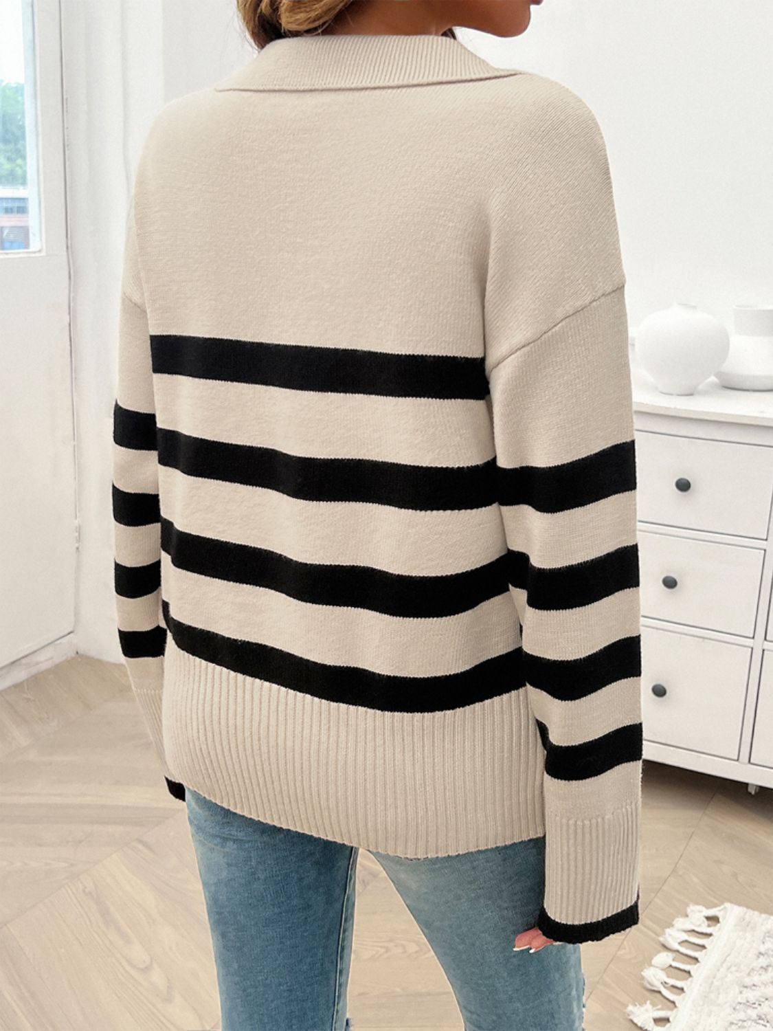 Striped Collared Neck Long Sleeve Sweater Orchid Unique 