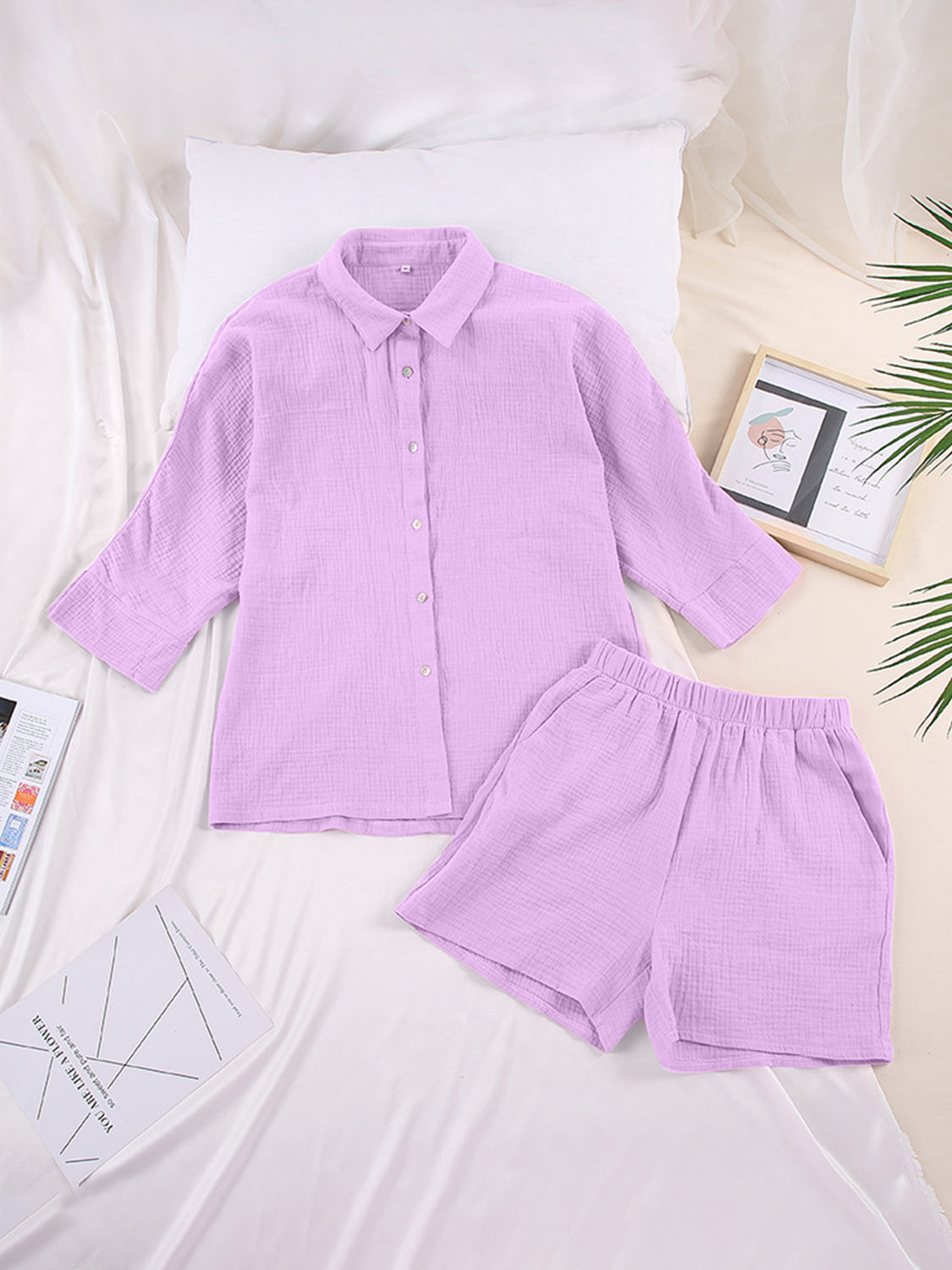 Texture Button Up Shirt and Shorts Set Orchid Unique 