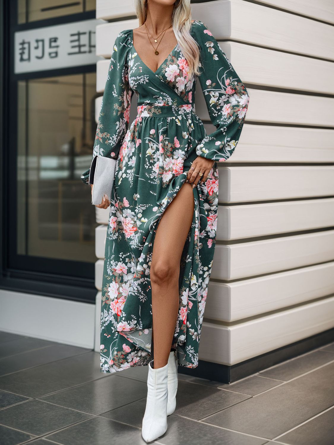 Slit Printed Surplice Long Sleeve Maxi Dress Orchid Unique 