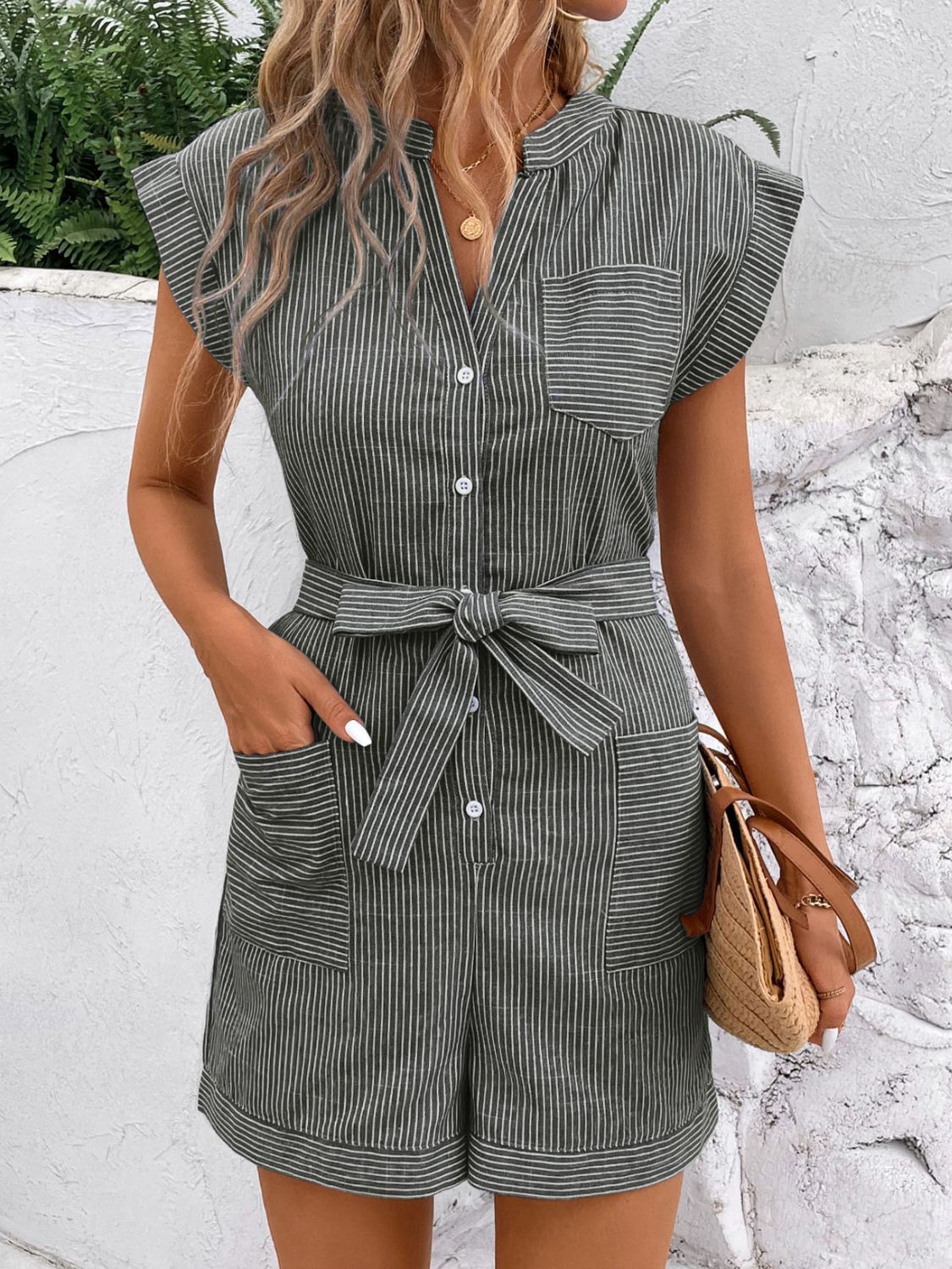 Casual Striped Romper with Notched Tie Wais Orchid Unique 