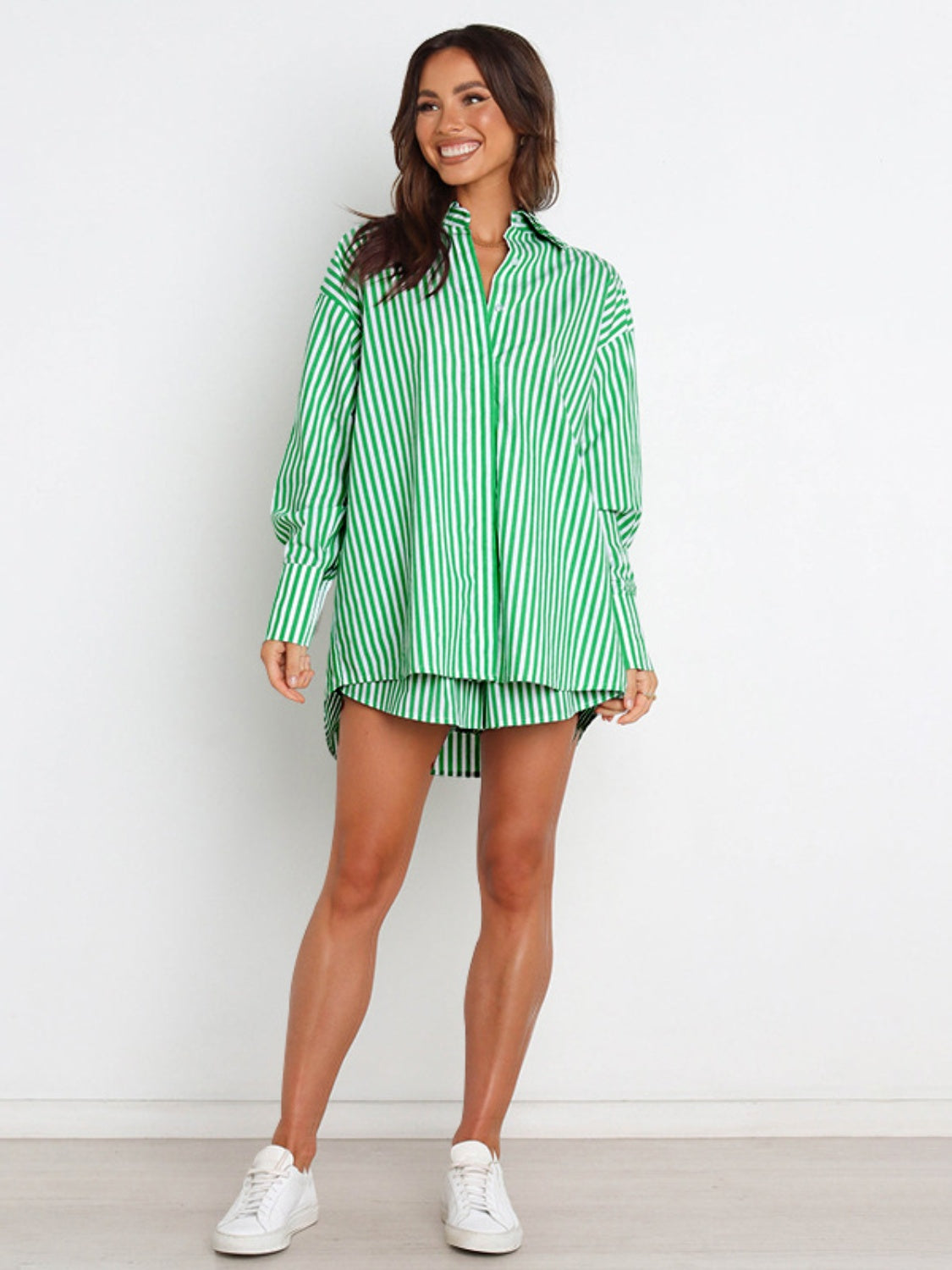 Striped Dropped Shoulder Shirt and Shorts Set Orchid Unique 