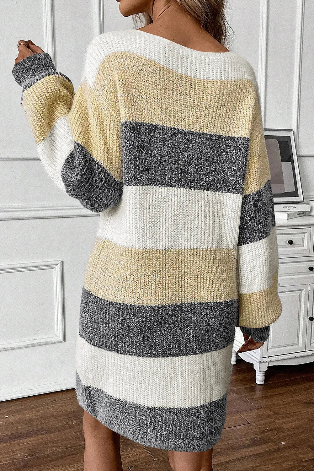 Color Block Boat Neck Long Sleeve Sweater Dress Orchid Unique 