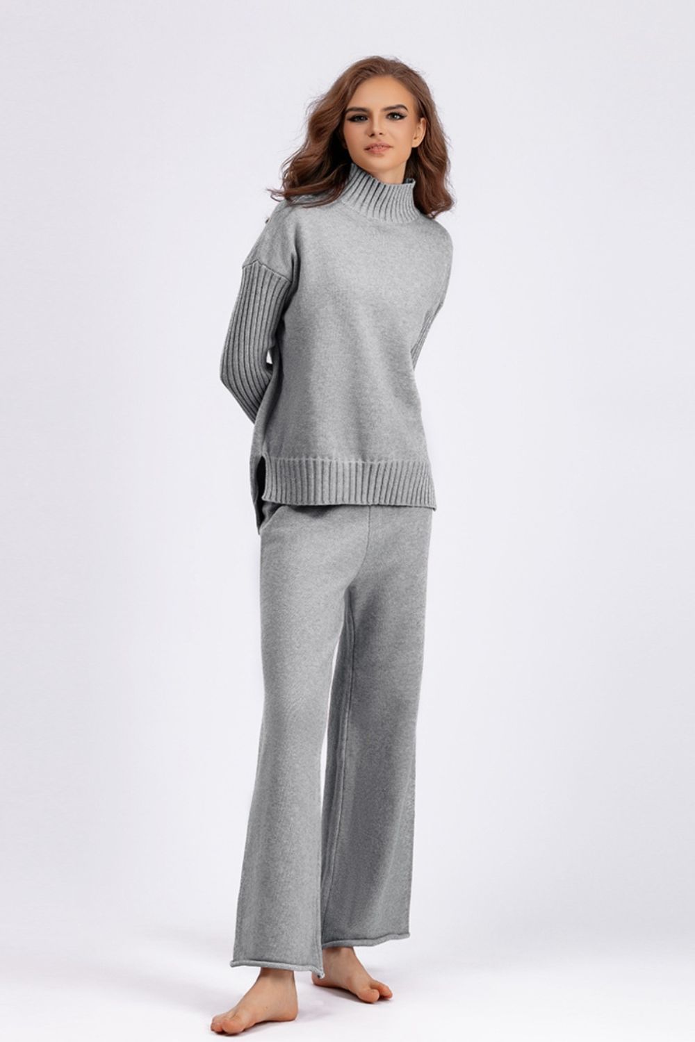 Basic Bae High- Low Turtleneck Long Sleeve Top and Pants Sweater Set Orchid Unique 