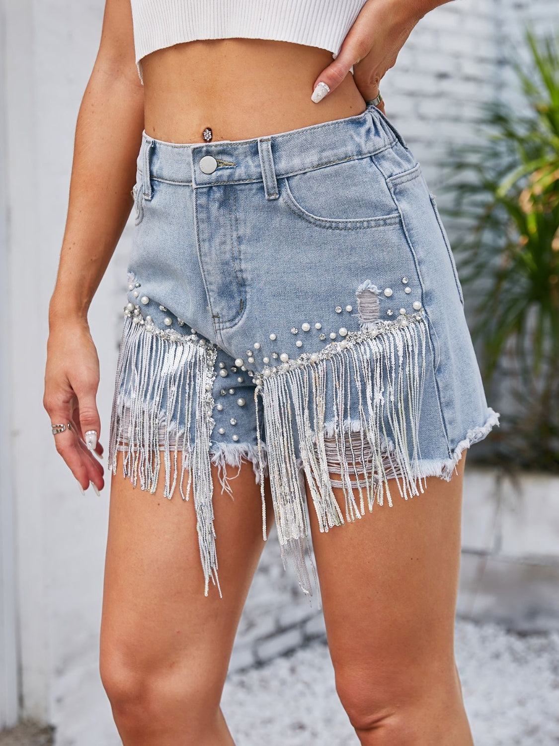 Distressed Pearl Trim Denim Shorts with Pockets Orchid Unique 