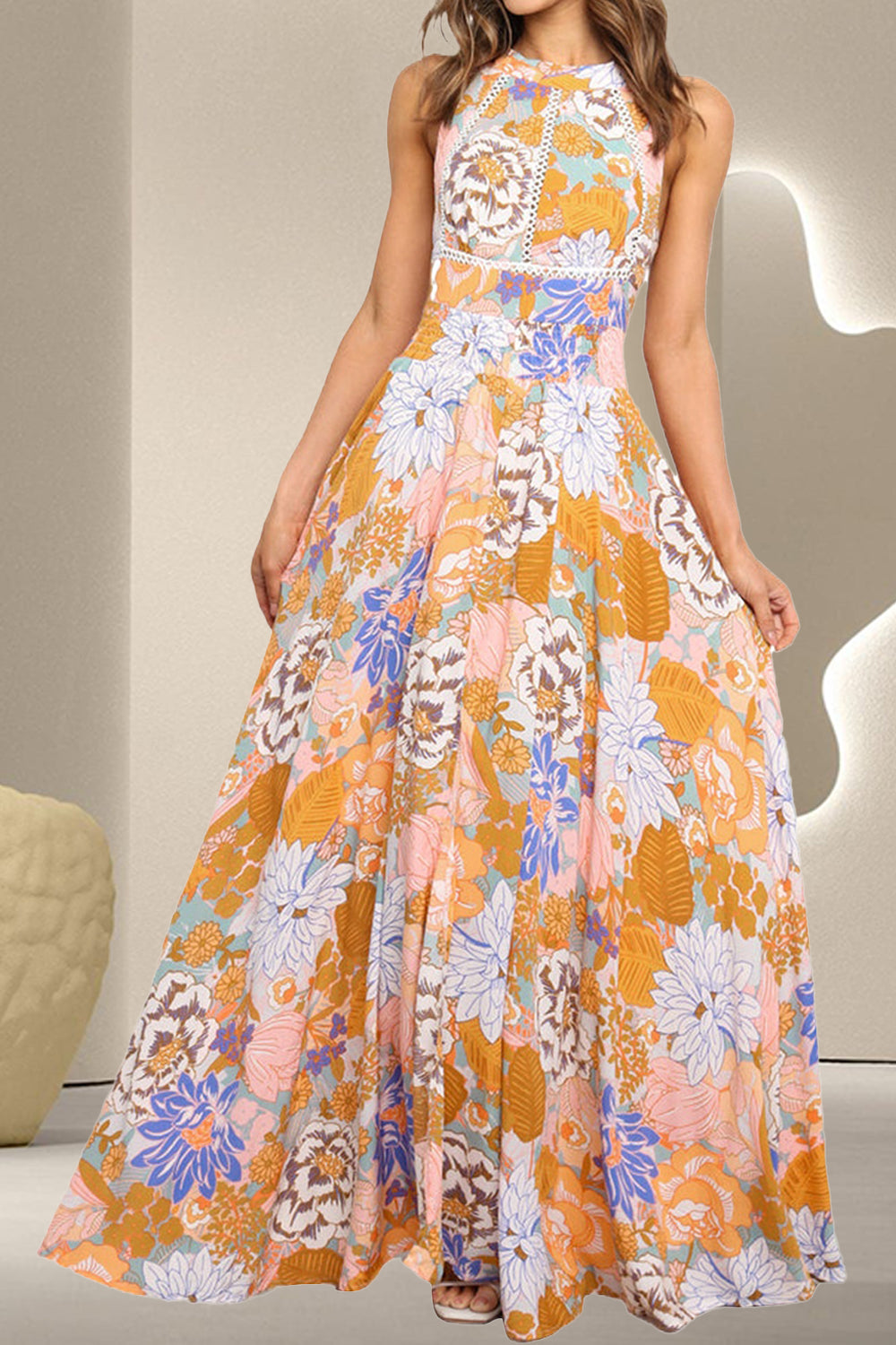 Tied Printed Grecian Sleeveless Maxi Dress Orchid Unique 