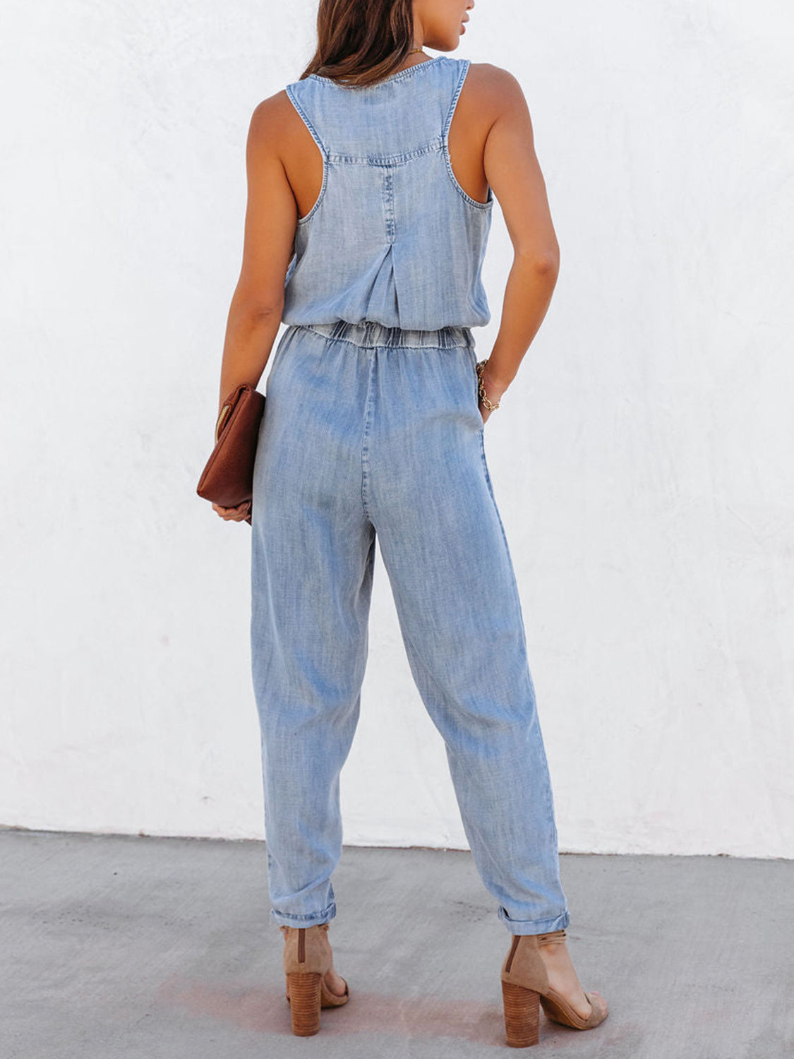 Denim Drawstring Waist Sleeveless Jumpsuit Orchid Unique 