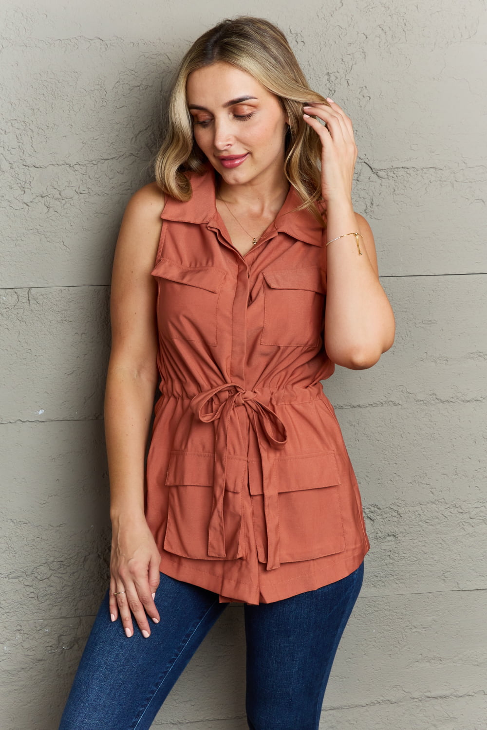 Ninexis Follow The Light Sleeveless Collared Button Down Top Orchid Unique 