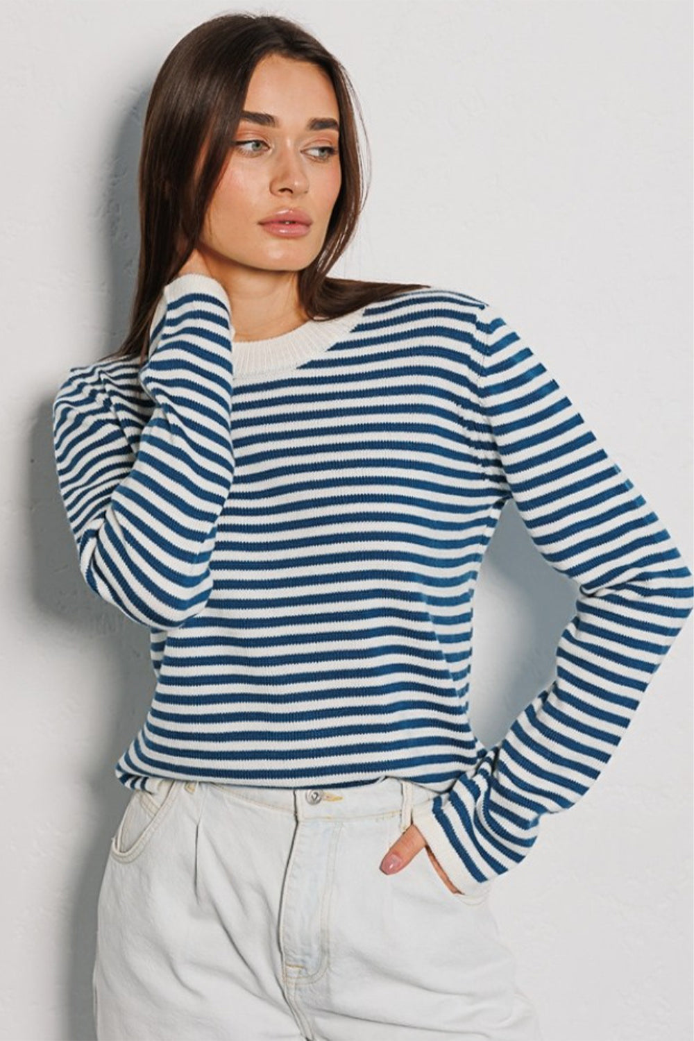 Striped Round Neck Long Sleeve Sweater Orchid Unique 