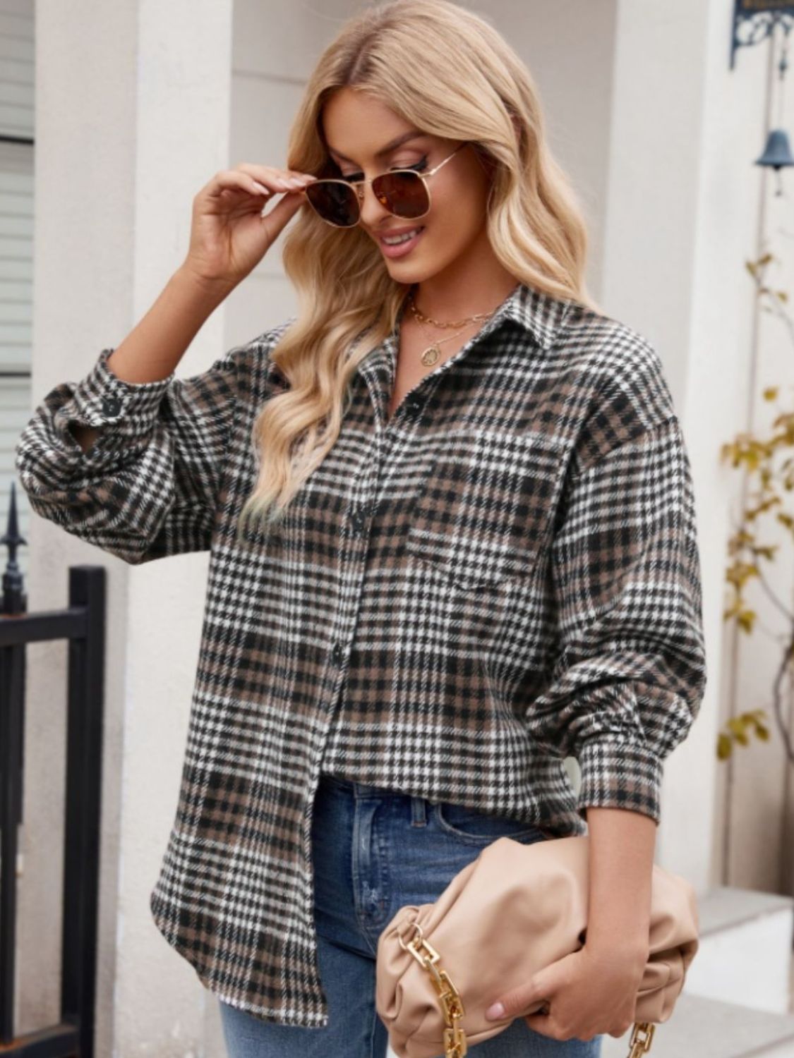 Pocketed Plaid Collared Neck Long Sleeve Shirt Orchid Unique 