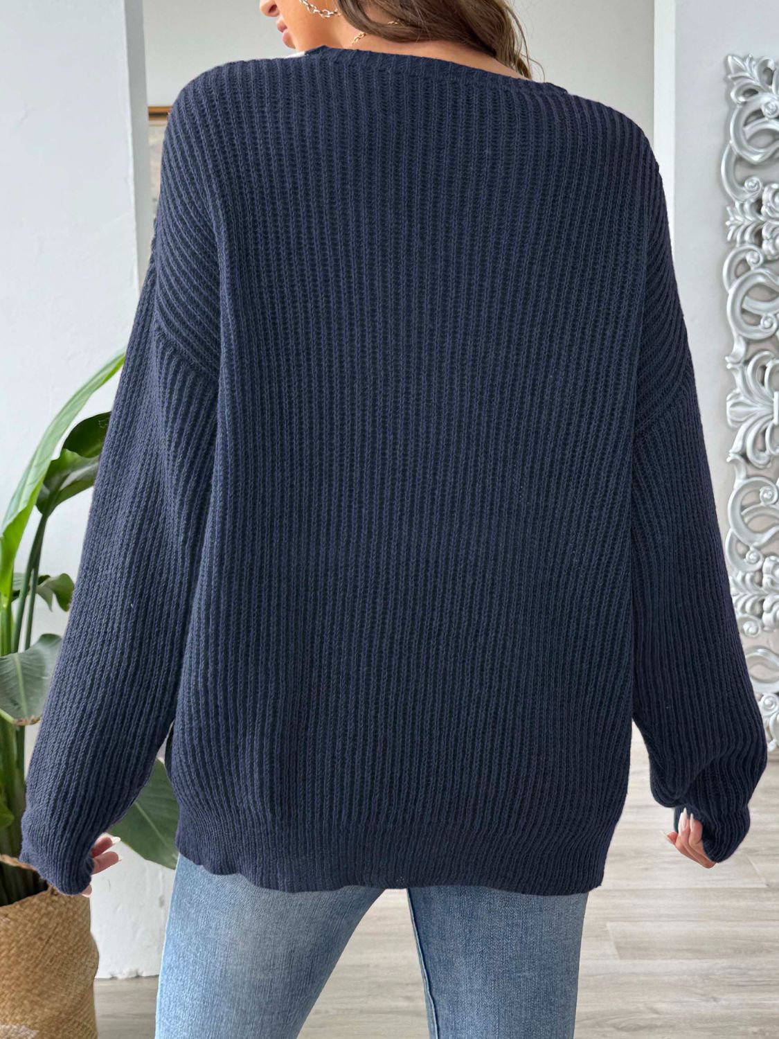 Contrast Dropped Shoulder Long Sleeve Sweater Orchid Unique 