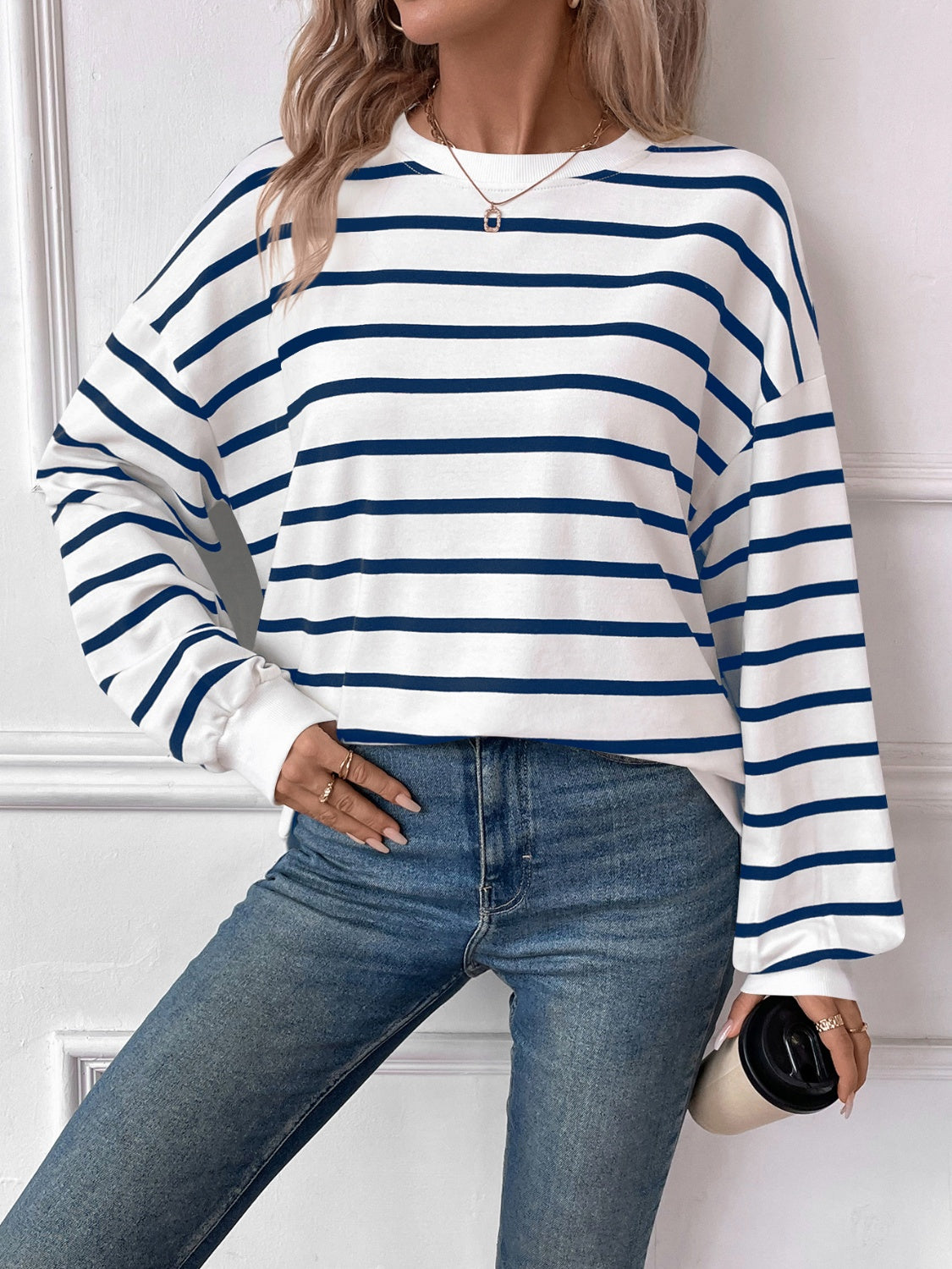 Striped Round Neck Long Sleeve Sweatshirt Orchid Unique 