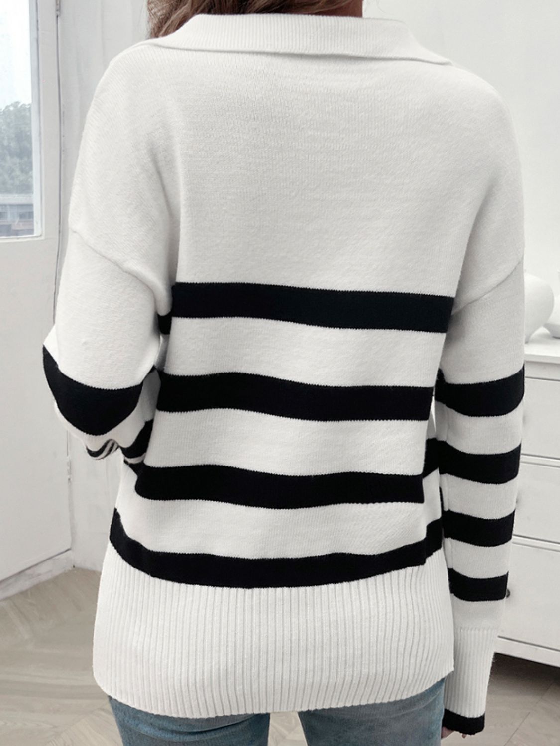 Striped Collared Neck Long Sleeve Sweater Orchid Unique 