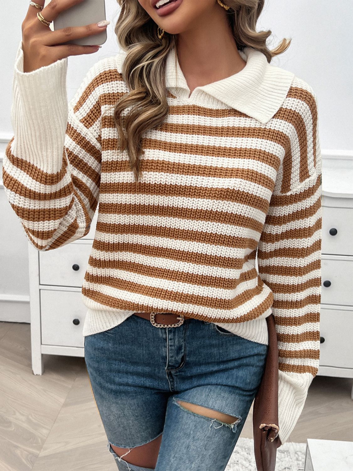 Striped Collared Neck Long Sleeve Sweater Orchid Unique 