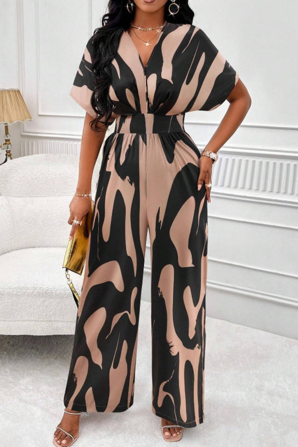 Printed V-Neck Short Sleeve Wide Leg Jumpsuit Orchid Unique 