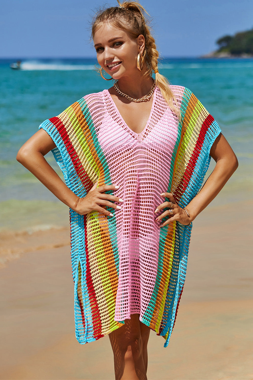 Openwork Striped Slit Knit Cover Up Orchid Unique 