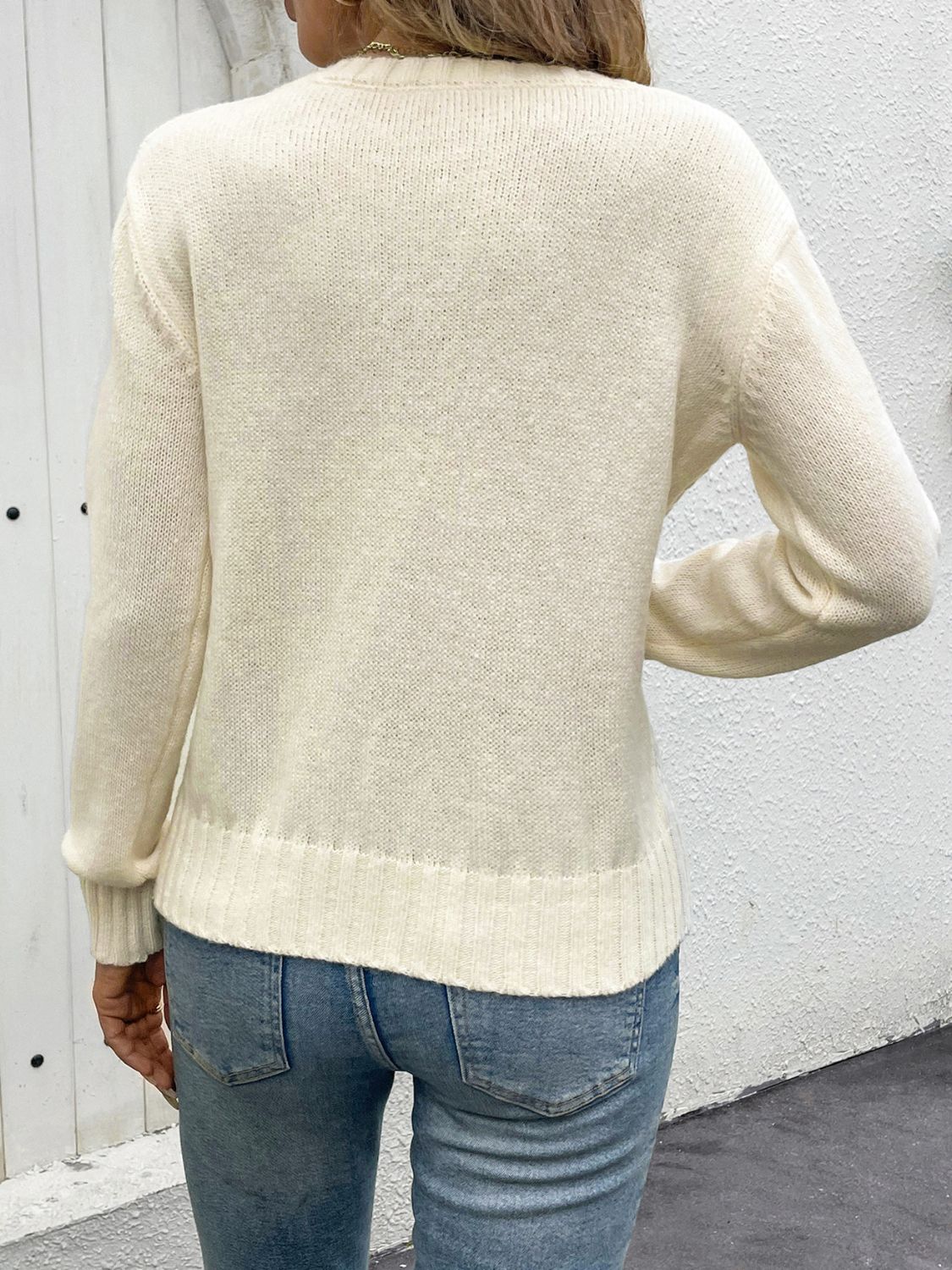 Openwork Round Neck Long Sleeve Sweater Orchid Unique 